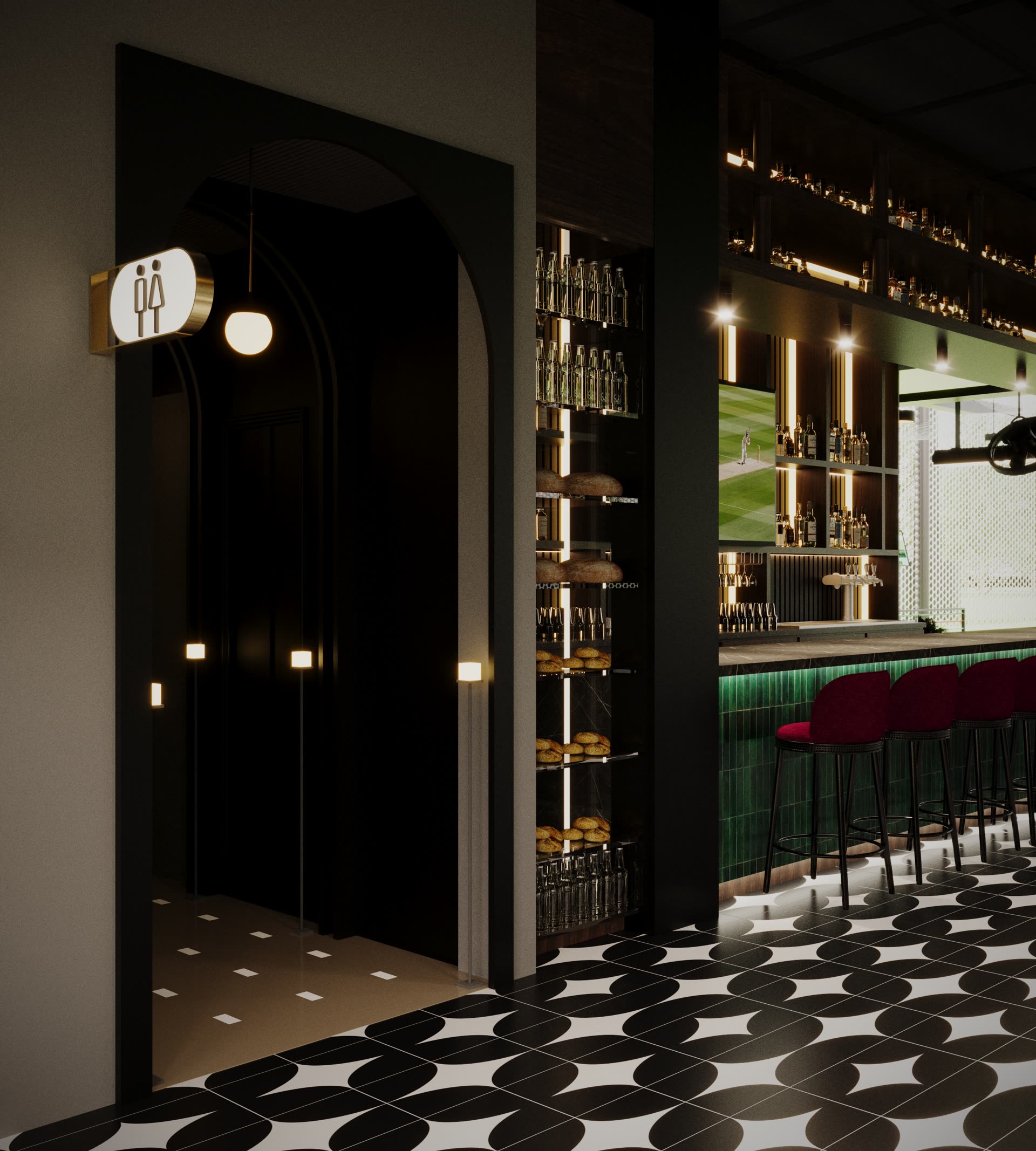 The 19th Hole bar counter and seating