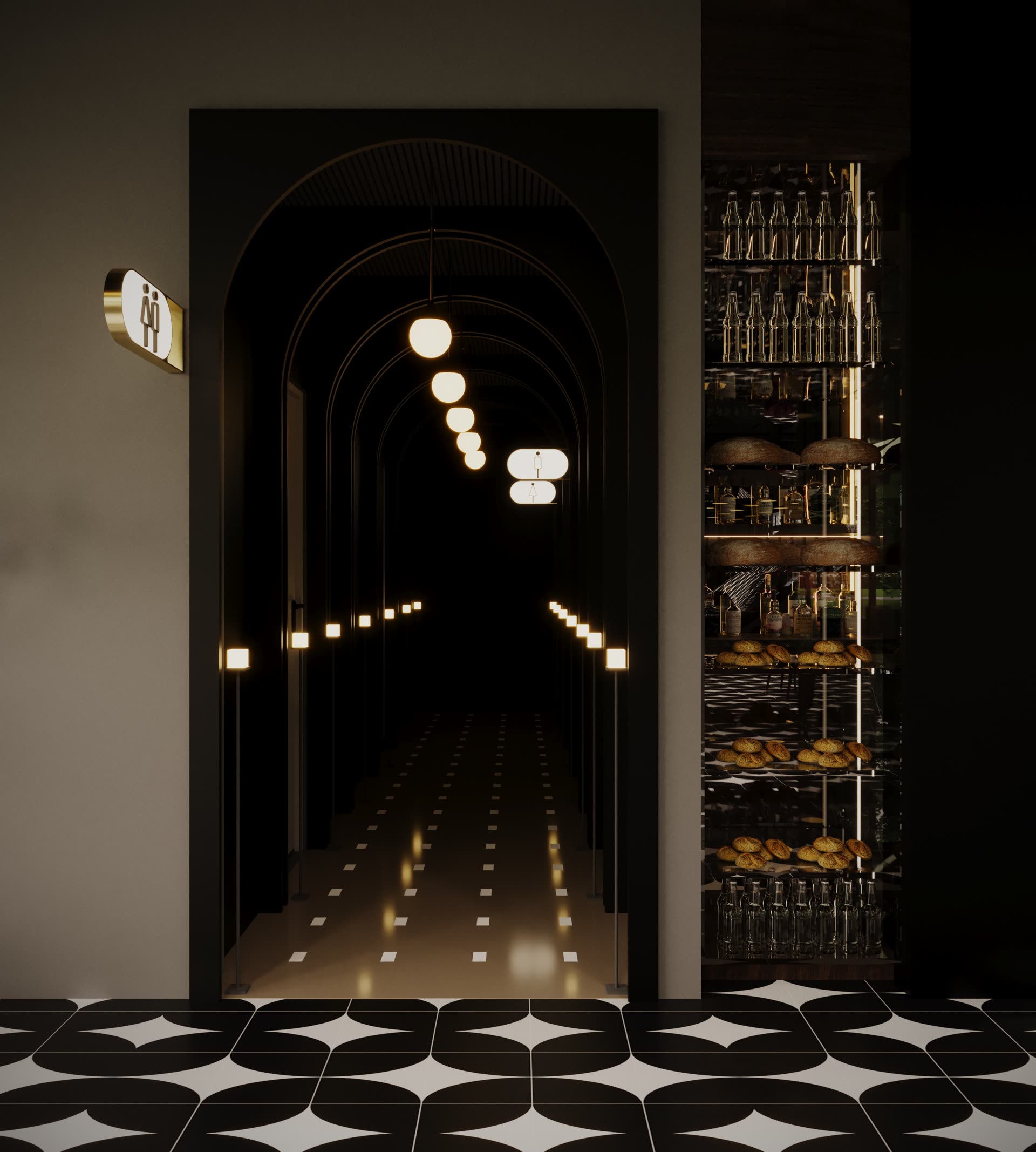 Lit corridor leading through the clubhouse
